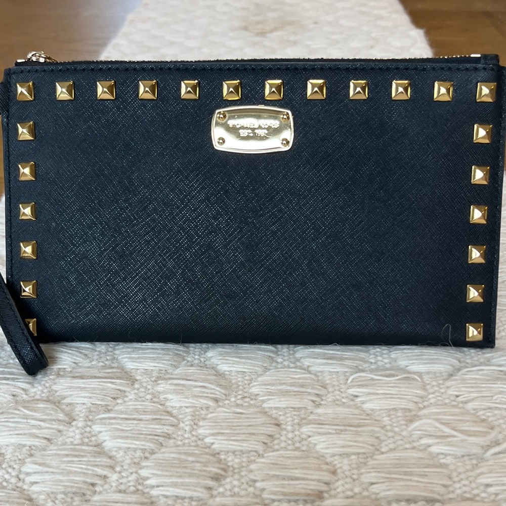 EUC Michael Kors Black Clutch with Gold studded accents